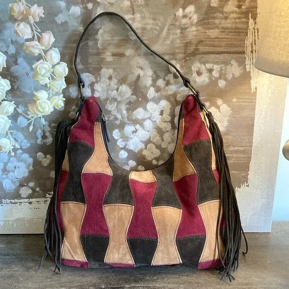 Patchwork Faux Suede Womens Hobo Shoulder Bag Multicolor 70's Boho‎ Western - Picture 3 of 10